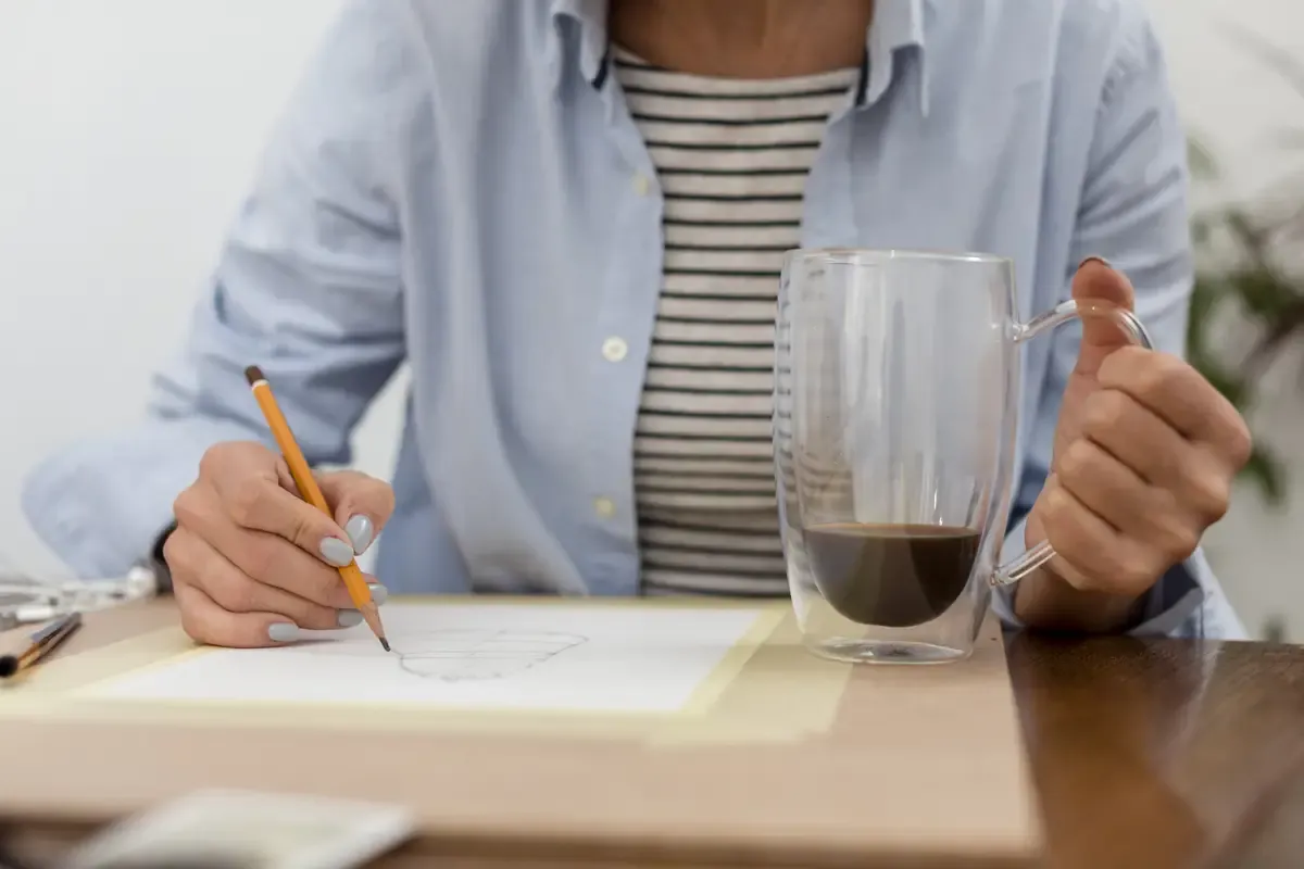 Woman drawing and holding coffee cup