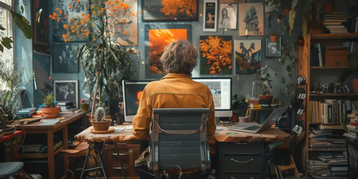 A man at a desk with computer furniture picture frame and plant in a room