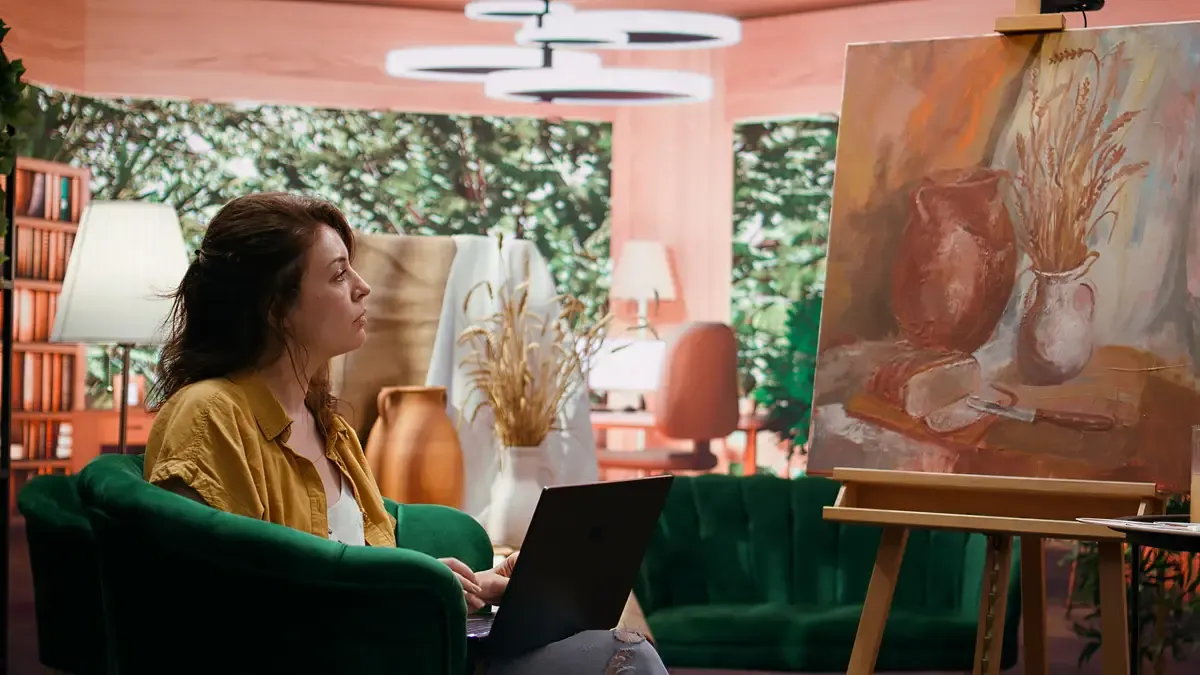 Painter searching for fine art inspiration online in her art and craft atelier