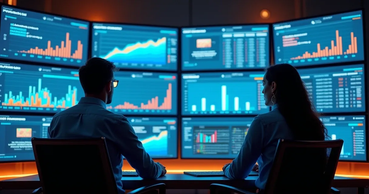 Profissionais analisando dados em telas digitais