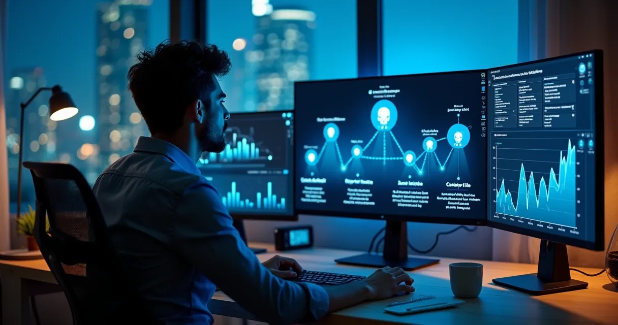 Empresário observando painel com agentes de IA automatizando tarefas de marketing digital