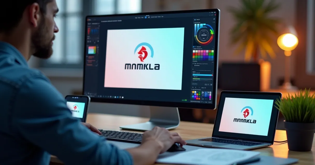 Designer ajustando logotipo em diferentes telas e cores