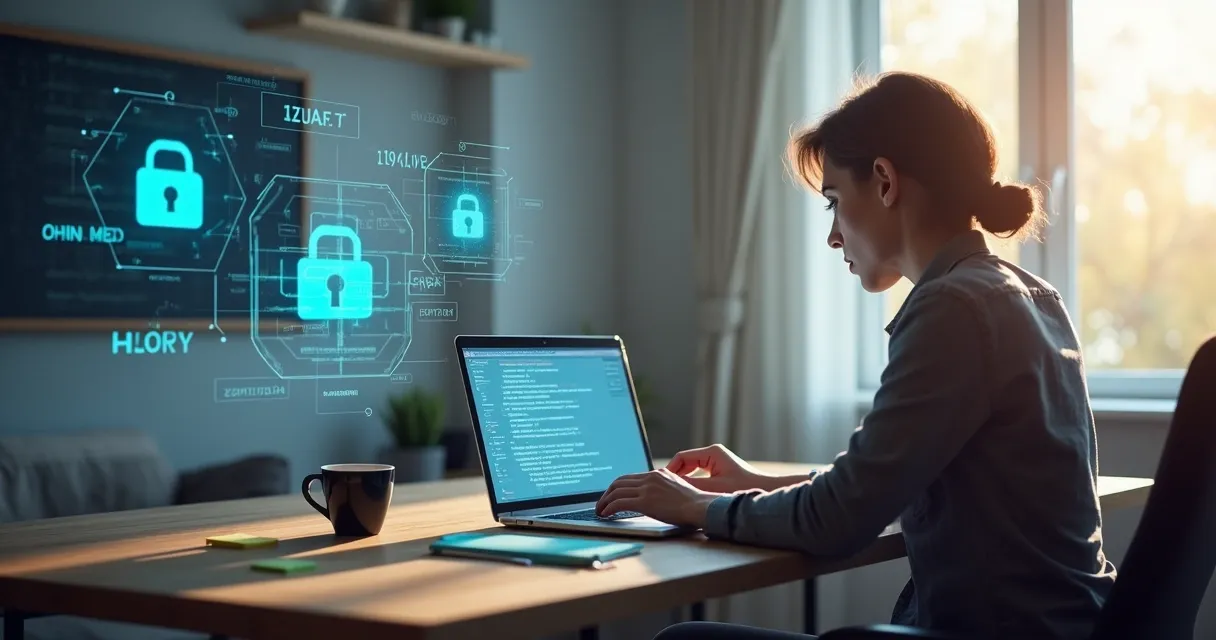 Pessoa utilizando notebook com tela borrada para privacidade 