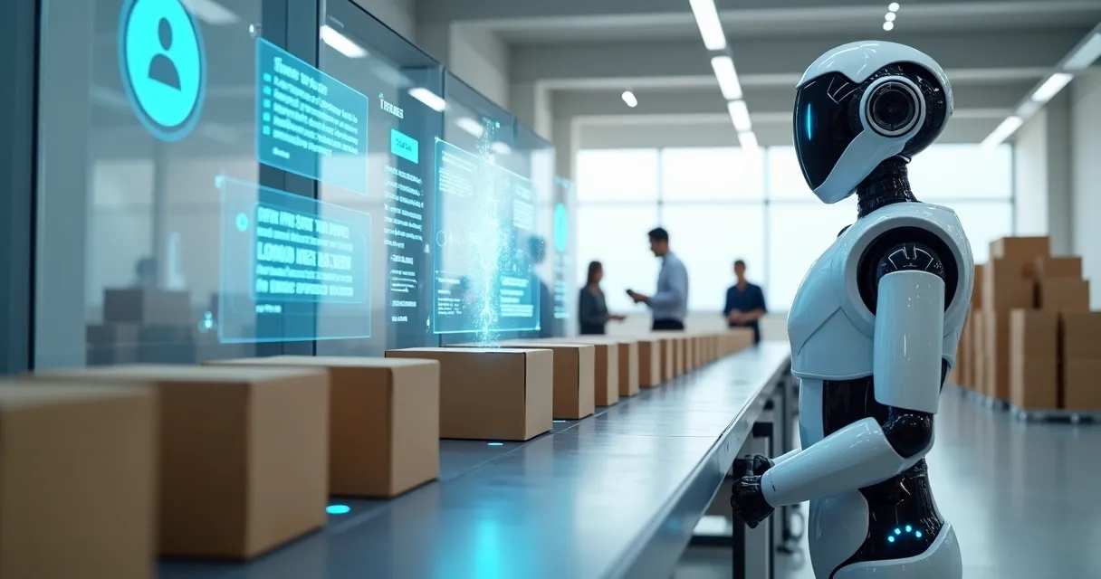 Correio futurista com esteira de caixas atendidas por robô de atendimento virtual