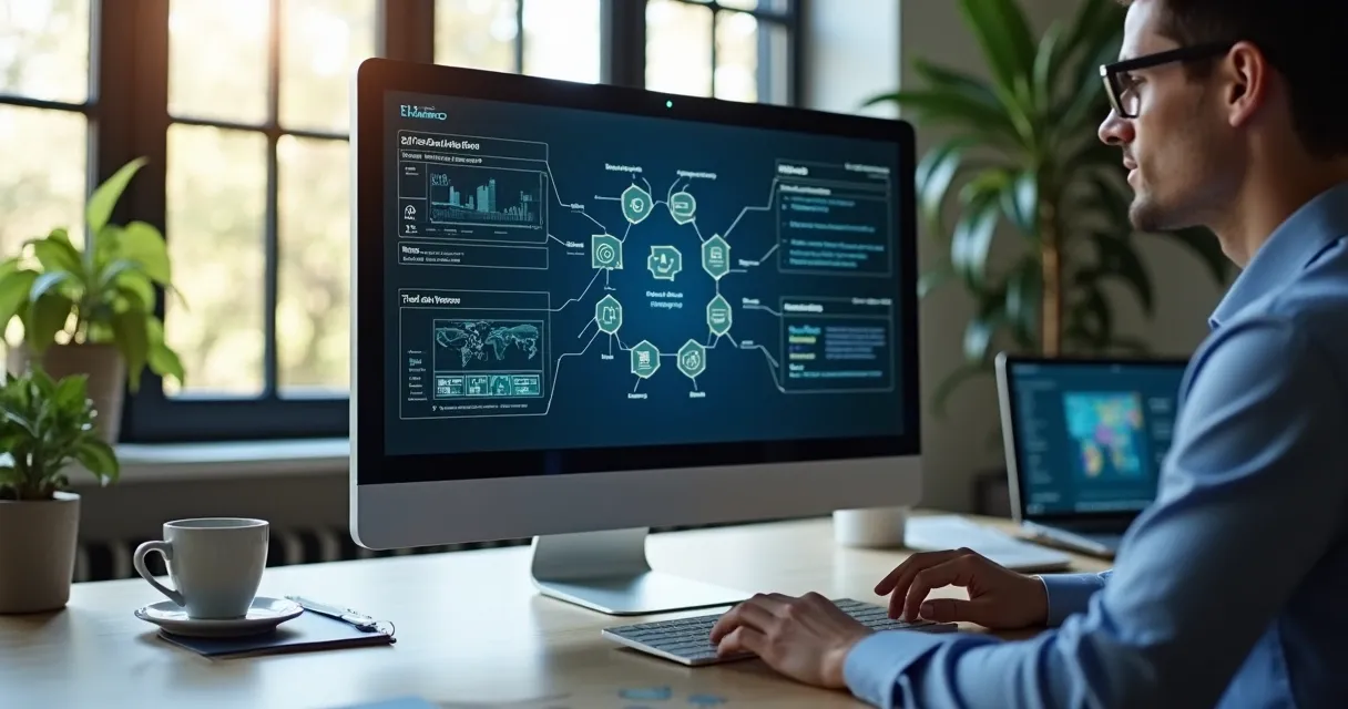 Pessoa configurando automação em computador de escritório pequeno 