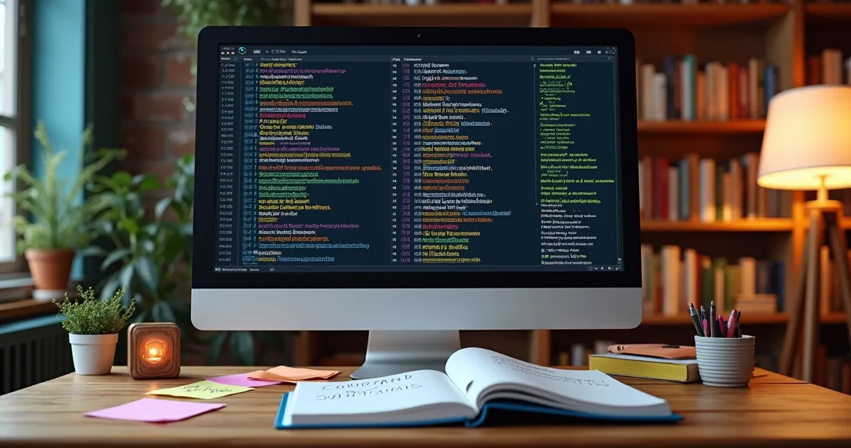 Biblioteca digital organizada com comandos de IA em tela de computador 