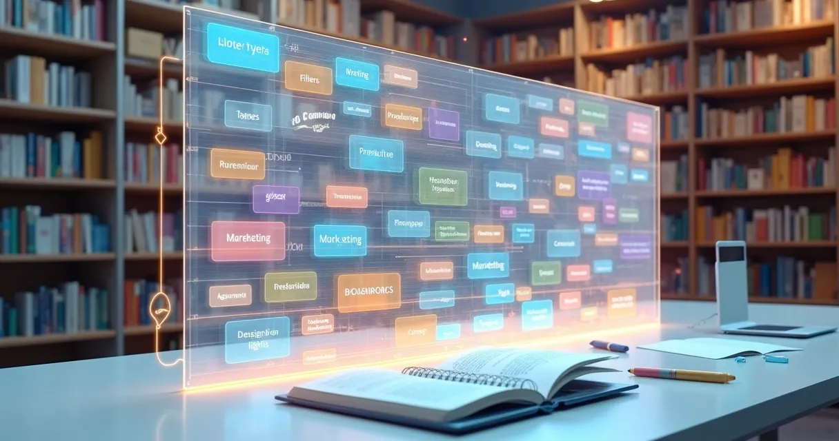 Estante futurista com cartões coloridos representando comandos organizados