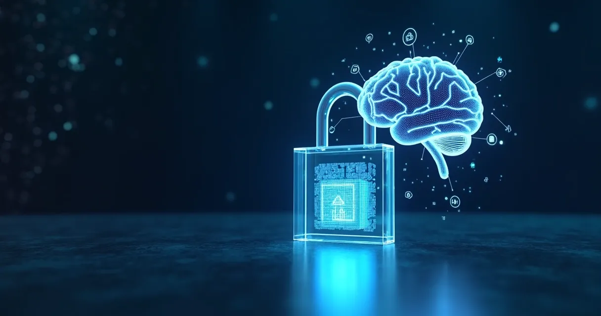 Cadeado digital protegendo dados diante de cérebro de inteligência artificial