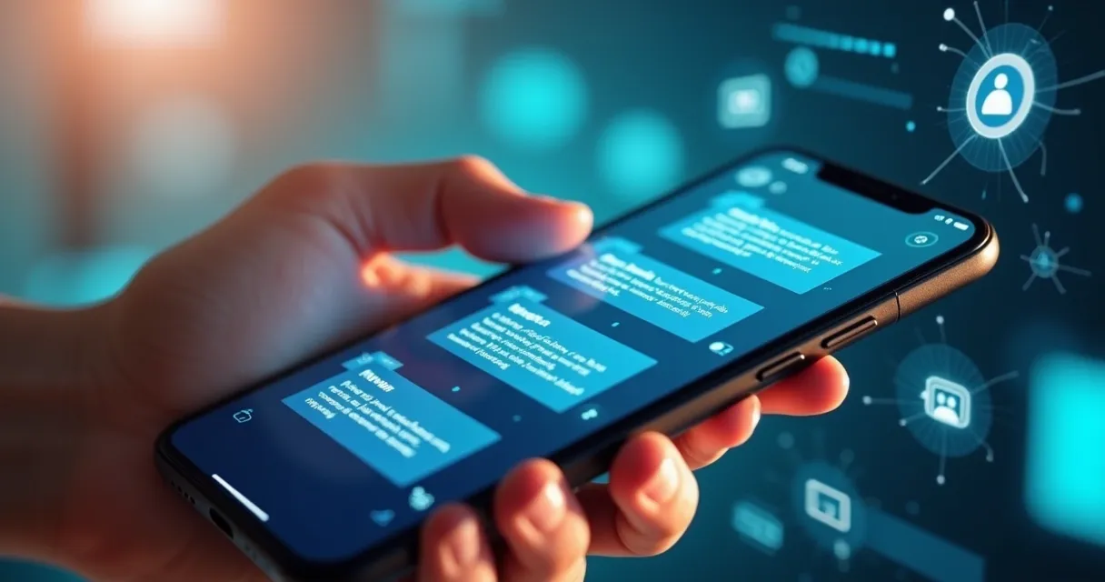 Interface de chatbot sendo usada em um smartphone moderno com mensagens automáticas 