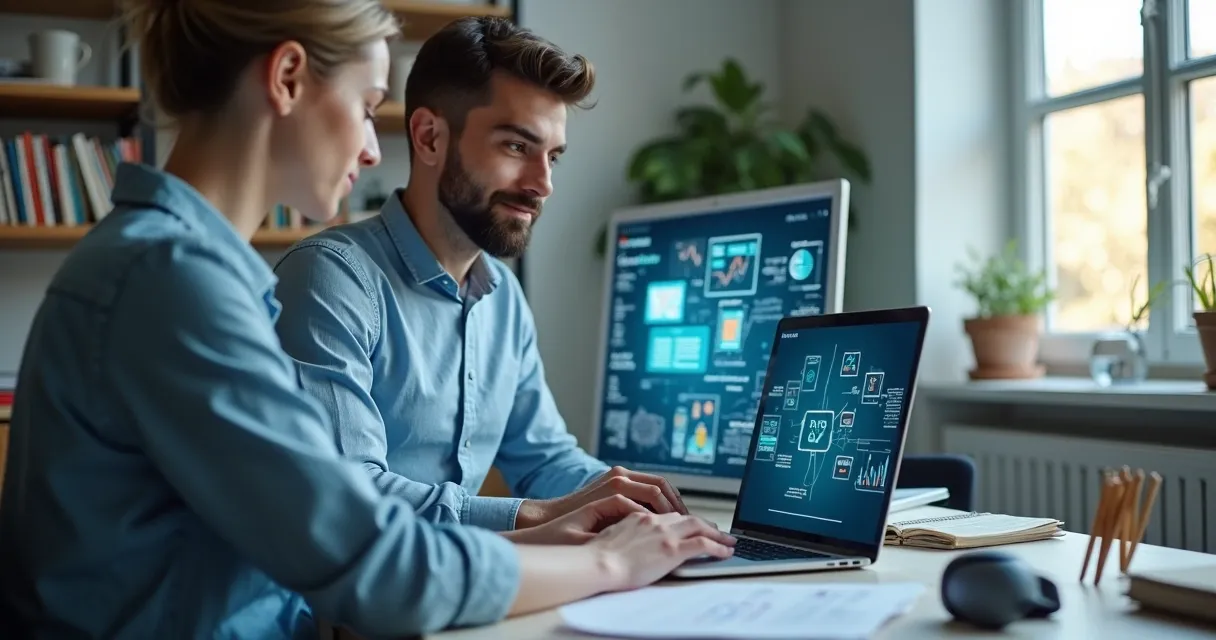 Professor usando IA para criar curso online com computador e gráficos de aprendizado 