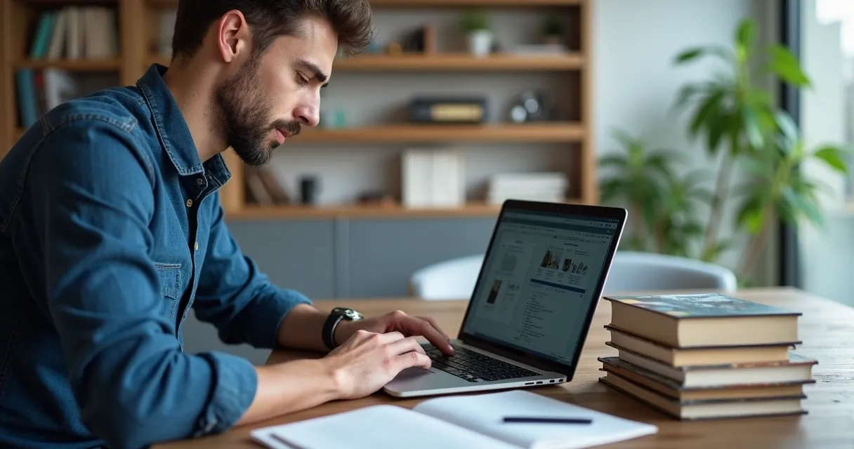 Homem usando IA para criar ebook em notebook 