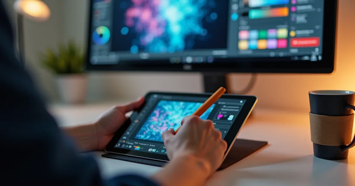 Pessoa editando arte digital com inteligência artificial na tela 