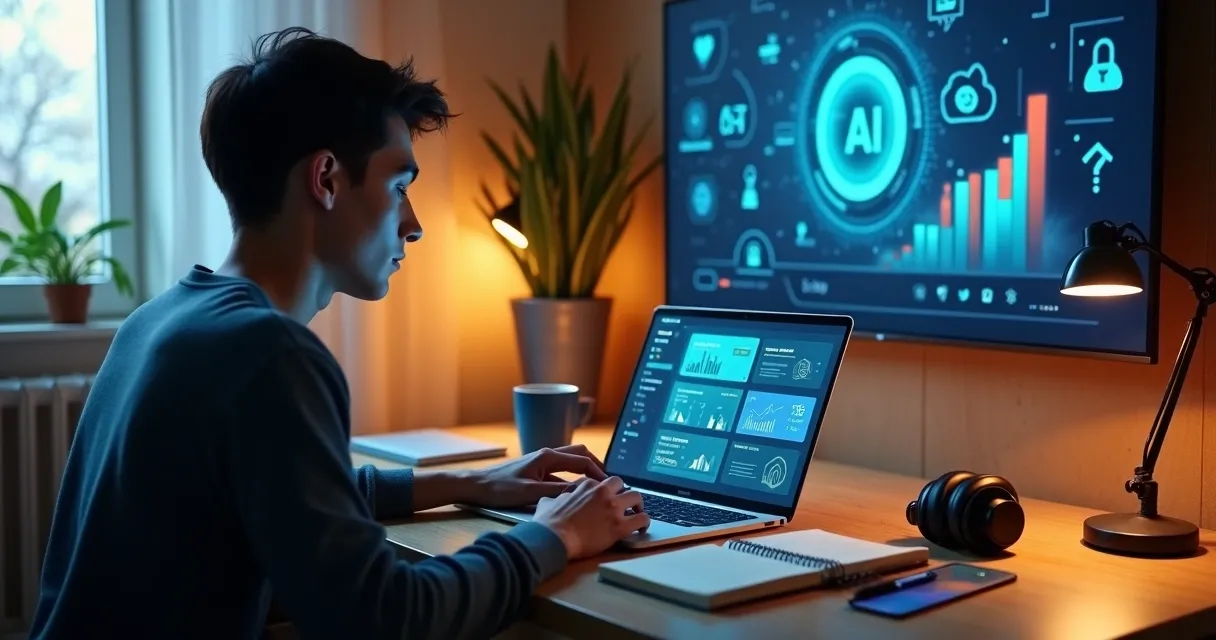 Pessoa estudando inteligência artificial no notebook para trabalhar online