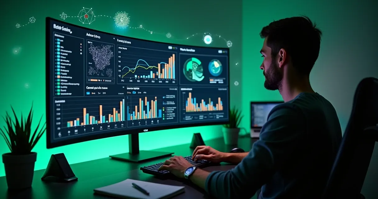 Analista observa grande dashboard de Excel com gráficos interativos controlados por IA