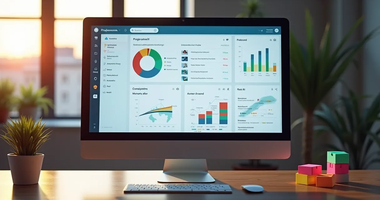 Dashboard de projeto com gráficos, listas de tarefas e automações baseadas em IA