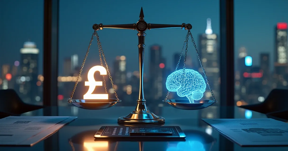 Símbolo de direito autoral equilibrado com ícone de inteligência artificial em uma balança digital