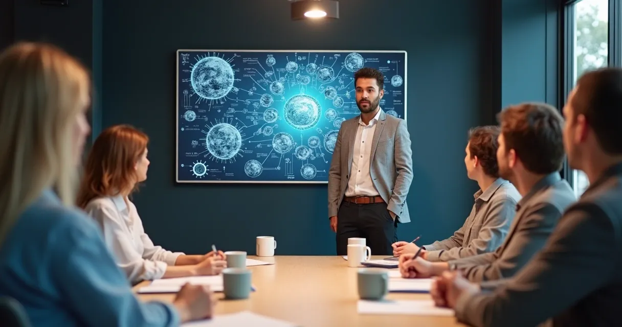 Empreendedor explicando IA em um quadro para pequenos empresários curiosos