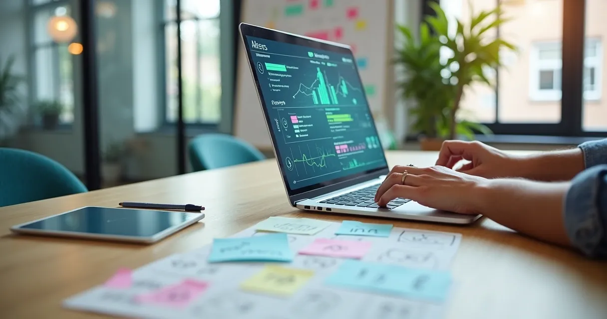 Empreendedora analisando cartões de ideias de negócio com ajuda de interface de IA na mesa