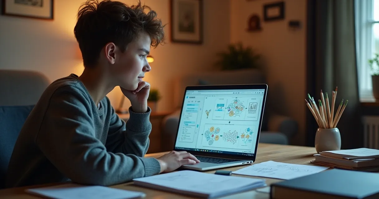 Pessoa estudando inteligência artificial em um notebook aberto, livros ao lado e anotações na mesa