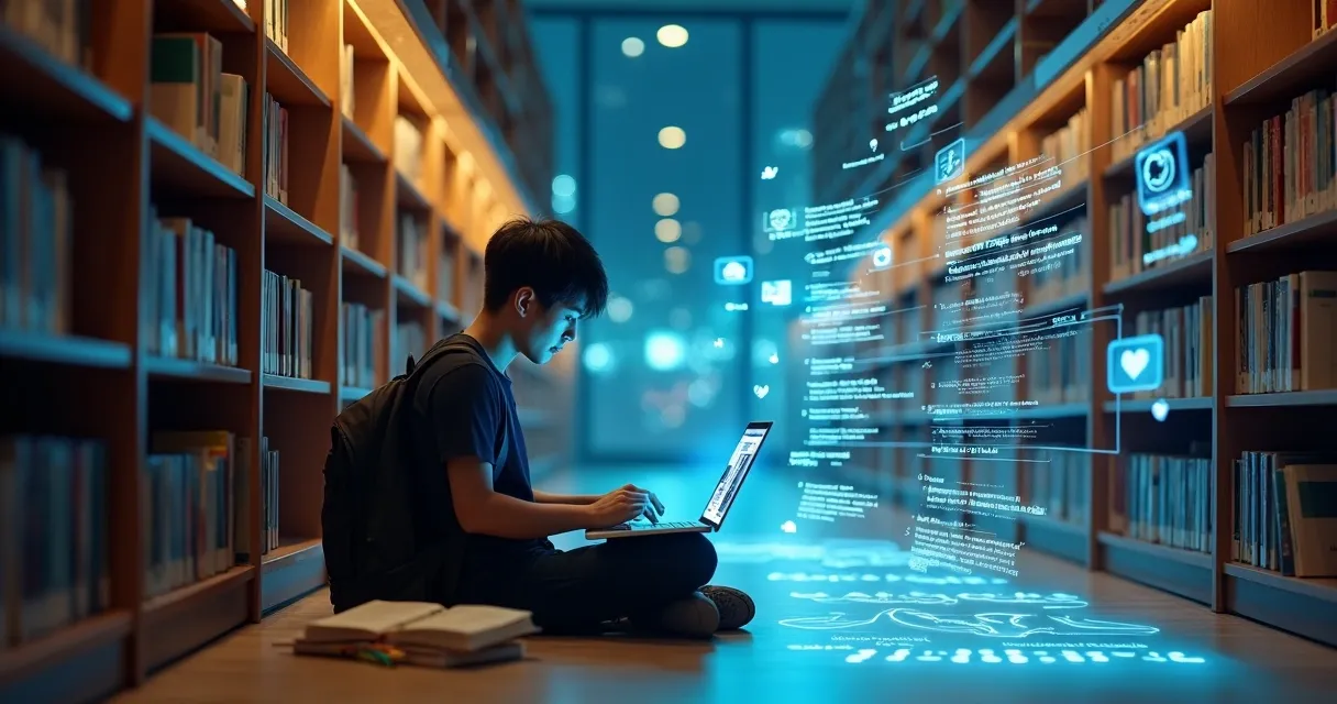 Estudante em biblioteca moderna usando tablet com painel holográfico de estudos de IA ao redor