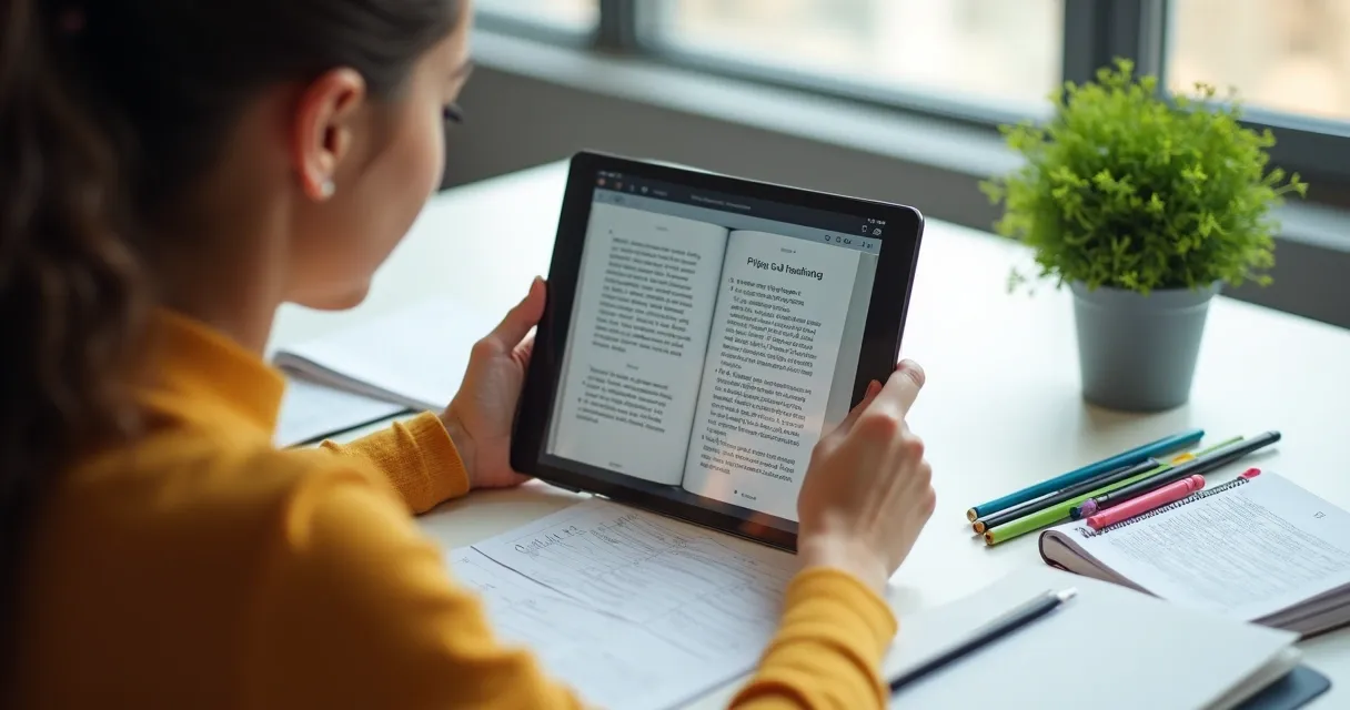 Estudante lendo resumo de livro em tablet