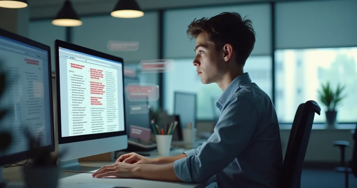 Pessoa analisando texto digital com expressão de dúvida 