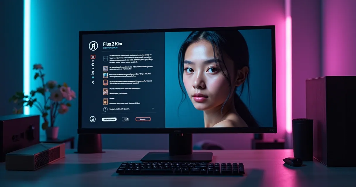 Tela de computador mostrando geração de imagem realista com inteligência artificial Flux 2 Kim
