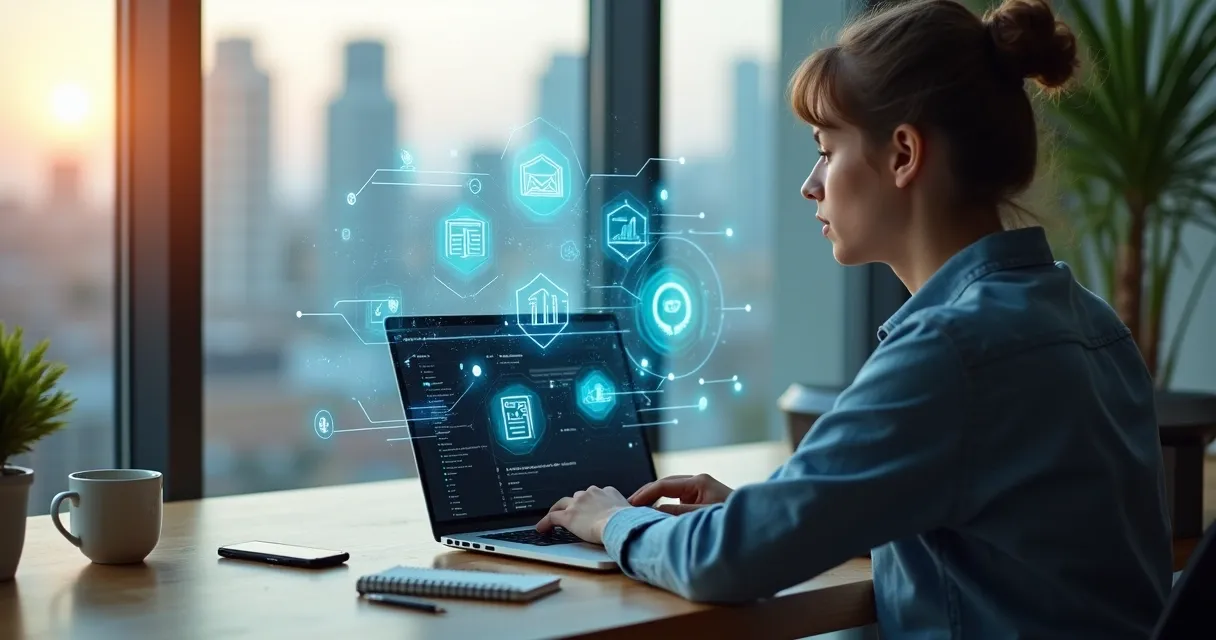 Pessoa usando notebook com ícones de inteligência artificial e dinheiro em volta