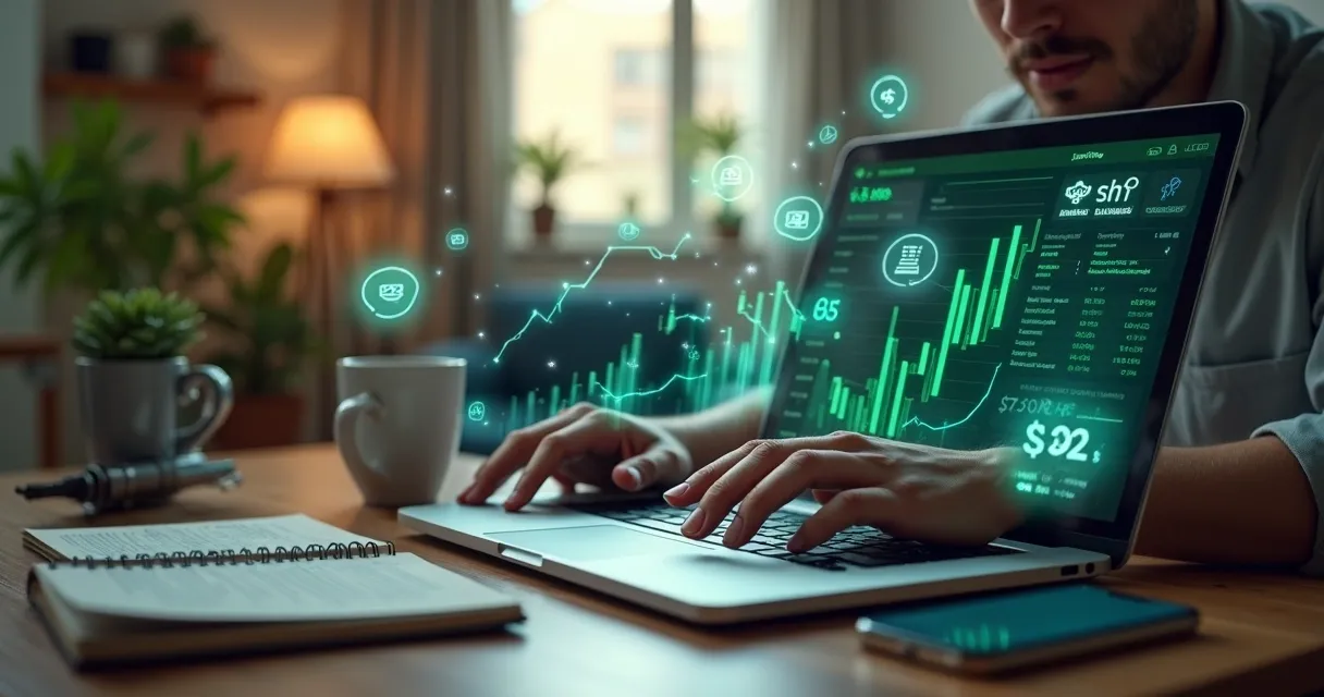 Pessoa usando notebook com gráficos de dinheiro e ícones de inteligência artificial