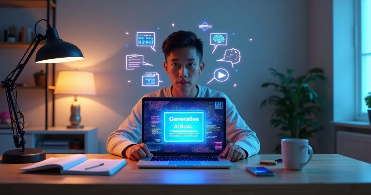 Pessoa iniciante aprendendo inteligência artificial generativa no computador