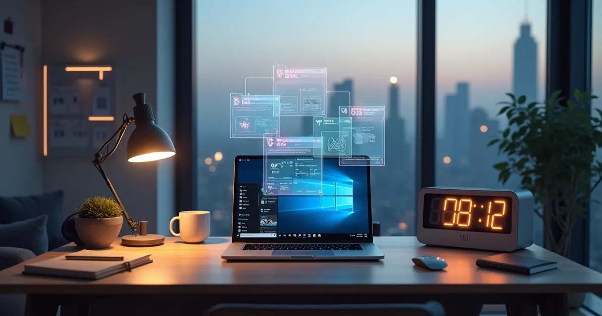 Profissional em home office usando assistente de IA para organizar o tempo na mesa de trabalho