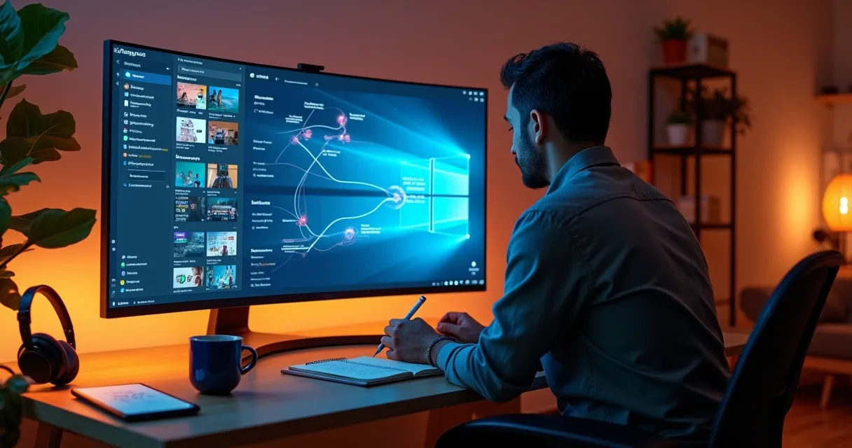Instrutor cria curso online em computador com assistente de IA em tela ampla