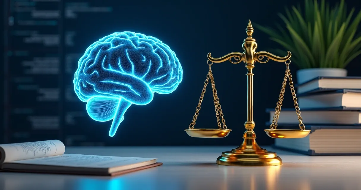 Conceito visual de IA e direitos autorais, balança e cérebro artificial 