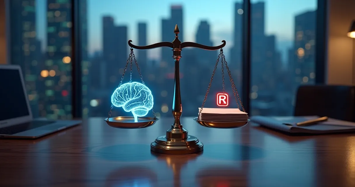 Balança de justiça equilibrando cérebro digital e documento com símbolo de direitos autorais