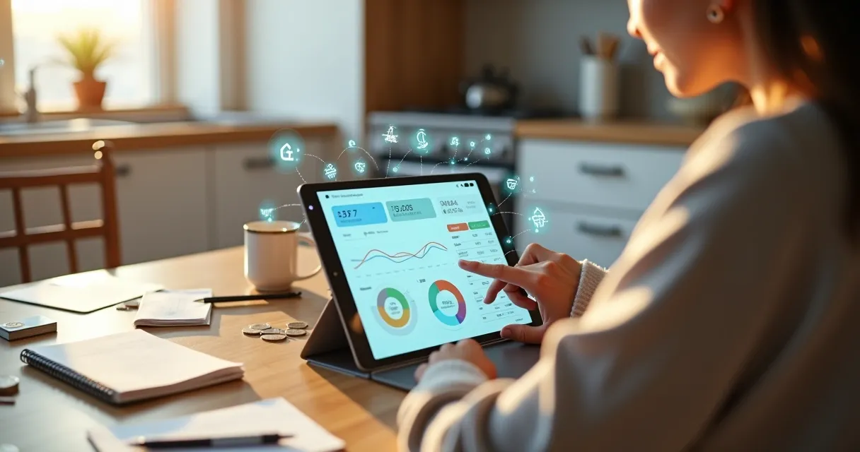 Pessoa organizando finanças no tablet com gráficos coloridos de IA na mesa da cozinha