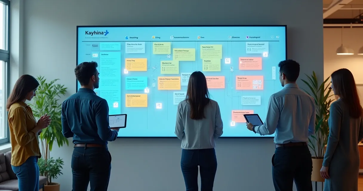 Equipe colaborando em parede digital de kanban com sugestões de IA