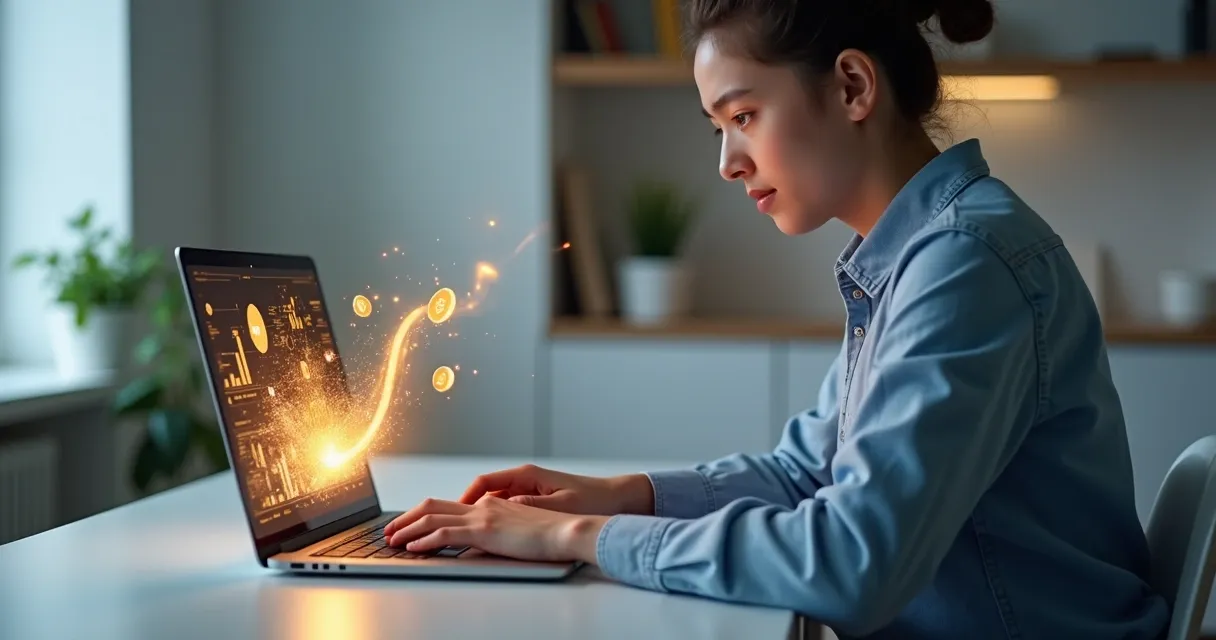 Pessoa usando notebook com ícones de inteligência artificial e dinheiro digital ao redor