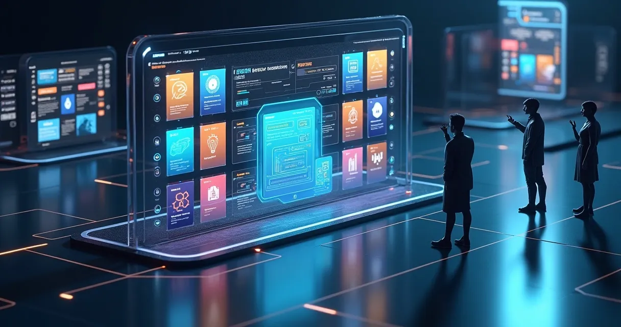 Vitrine digital com vários cards de prompts de inteligência artificial em destaque