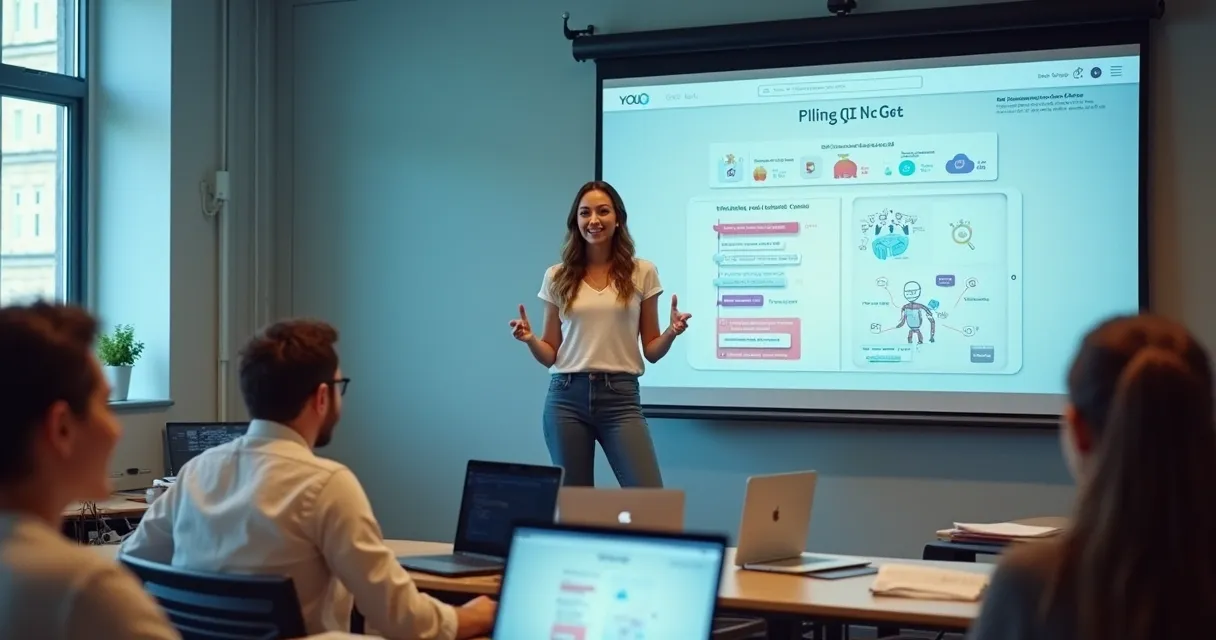 Mulher explicando IA em curso online com tela dividida 