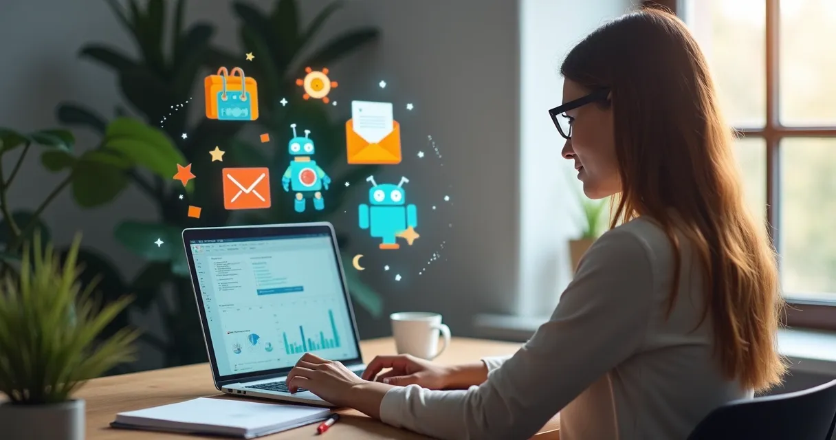 Mulher usando IA para automatizar suas tarefas diárias no computador 
