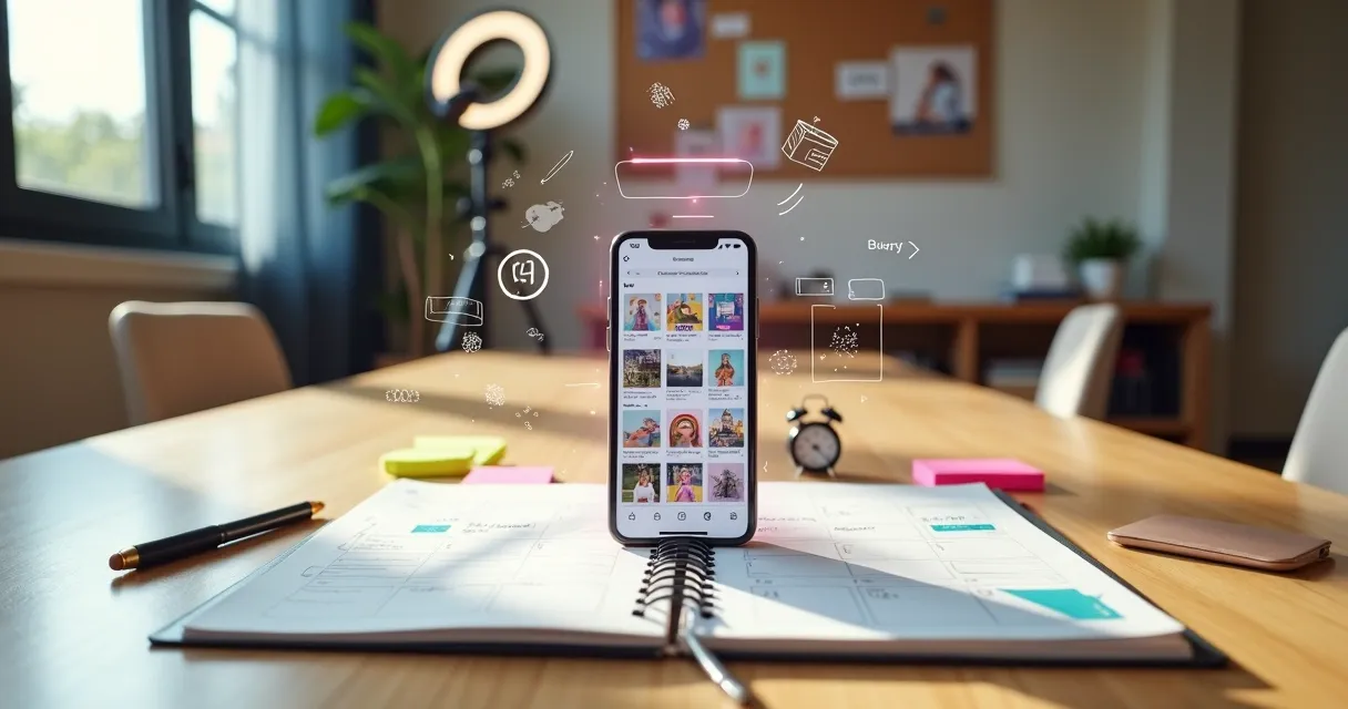 Mesa criativa com celular exibindo feed do Instagram e ícones de inteligência artificial no ar