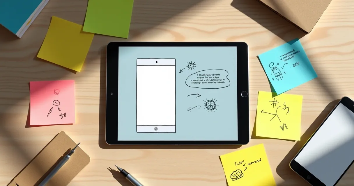 Mesa vista de cima com esquemas de prototipação rápida e ícones de IA em tela de tablet