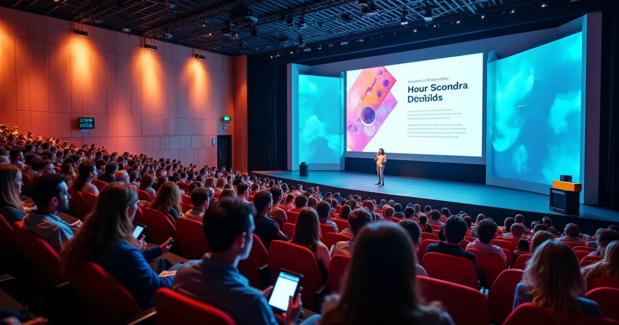 Público assistindo apresentações com slides coloridos em auditório. 