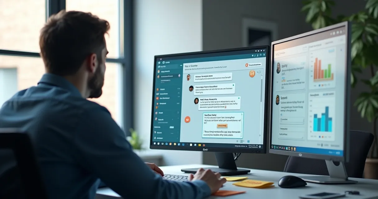 Pessoa analisando interação entre chatbot e usuário em tela de computador