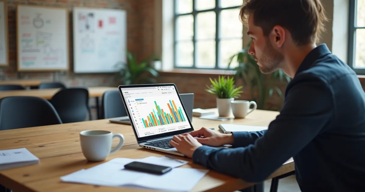 Pessoa analisando dados de negócio em um laptop em uma mesa de coworking 