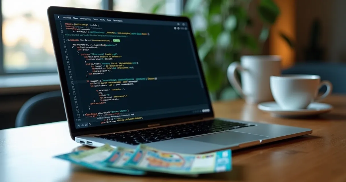 Notebook com tela de prompt e notas de dinheiro ao lado